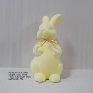 Detail view of yellow flocked Easter bunny A818-4 with bow, size 31cm height