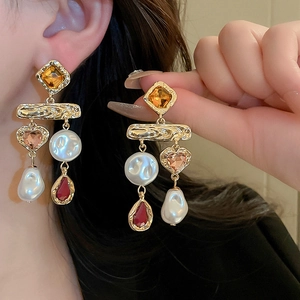 Baroque Dangle Earrings Alloy Rhinestone Faux Artificial Pearl With 925 Sterling Silver Earring Post Vintage Court Style Women