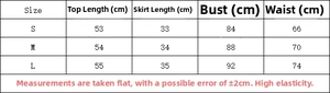 Guide des tailles détaillé pour ensemble en tricot incluant haut et jupe courte