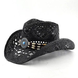 Black western cowboy straw hat with turquoise beads and vintage metal hardware