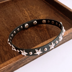 Detail of black leather collar featuring silver star studs with sparkling rhinestones