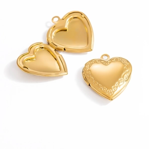 Polished gold stainless steel heart locket necklace pendant with embossed floral pattern