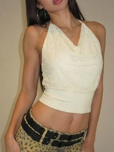 Chic off-white lace halter top with backless design and elastic waist for women