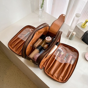 PU Leather Makeup Bag Large Capacity Travel Toiletry Organizer With Handle Double Zipper Solid Color Cosmetic Case For Women