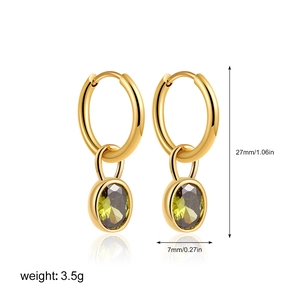 Detailed size chart of 18K gold earrings with green zircon oval charms and dimensions