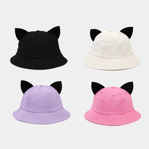 Cute Cat Ears Cotton Bucket Hat Solid Color Sun Protection Outdoor Casual Travel Sun Hat For Women