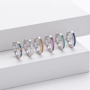 S925 Sterling Silver huggie hoop earrings with multi-colored cubic zirconia in six vibrant colors
