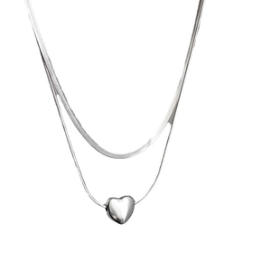 Double-layered silver snake chain necklace with a 3D heart pendant for women