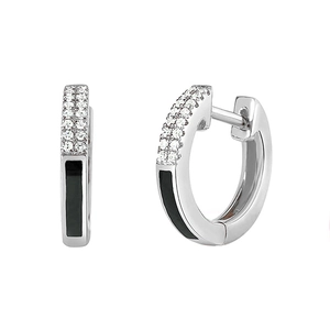 Macro view of silver hoops with black enamel and sparkling zircon micro-pave detailing