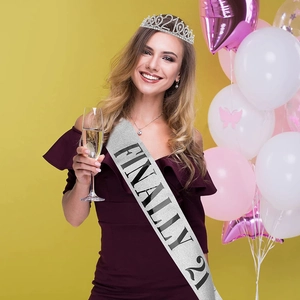 Glittering silver Finally 21 birthday sash and rhinestone tiara set for girls party