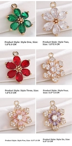 Detailed view of colorful zircon flower pendants in vintage gold plating for DIY jewelry