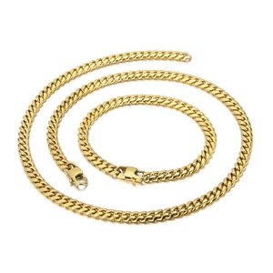 Polished gold-plated titanium steel Cuban link necklace and bracelet jewelry set for men