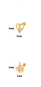 Detail of gold heart and star cartilage earrings with pink cubic zirconia and measurements