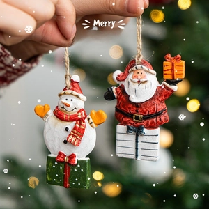 Christmas Tree Hanging Ornaments Wooden Resin Santa Claus Snowman Festive Party Decor With Jute Rope