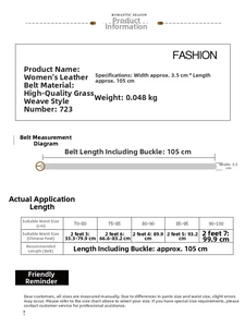 Size chart for women's woven belt showing 3.5cm width and waist measurement guidelines