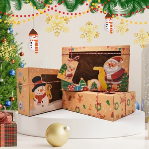 Christmas Kraft paper window gift boxes with snowman and Santa patterns for cookies
