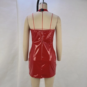 Detail of red shiny PVC bodycon dress featuring backless halter neck and slim fit waist