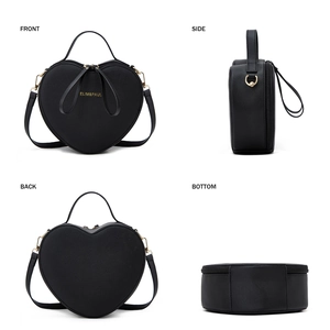 Four-angle view of black heart handbag showing front, side, and leather texture
