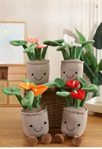 Group of four plush potted anthurium dolls with cute faces on soft fabric pots