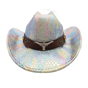 Iridescent snakeskin western cowboy hat with silver bull head accent and brown leather band