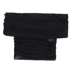 Detail view of the layered black mesh pleats on this off-shoulder sexy slimming top