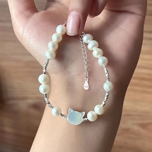 S925 sterling silver cat freshwater pearl bracelet with cat-shaped white shell pendant