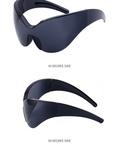 Detailed views of oversized black sports sunglasses from 45 and 90 degree side angles