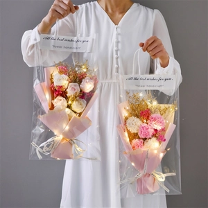 Soap Rose Sunflower Carnation Dried Flower Bouquet With LED String Lights And Transparent Gift Bag For Mother Day Gift