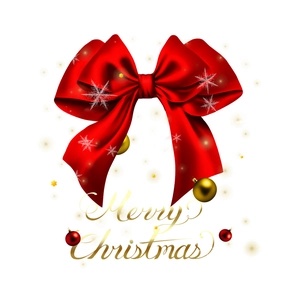 Red bow Christmas window sticker with white snowflakes and festive golden ball ornaments