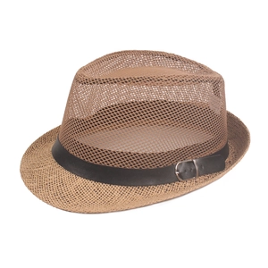 Men's breathable brown straw fedora hat with mesh crown and black leather decorative band