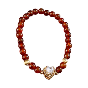 Elegant Red Agate Beaded Bracelet with Gold Heart Zircon Pendant for Women