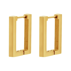 Close-up of polished gold rectangular hoop earrings with a secure hinged closure