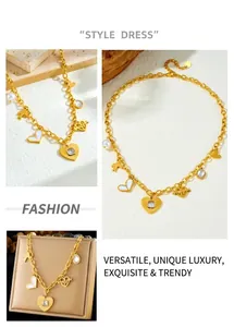 Detail of gold heart pendant necklace featuring mother of pearl and zircon charms