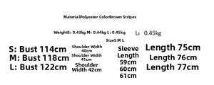 Detailed size chart for brown striped long-sleeve oversized blazer showing measurements