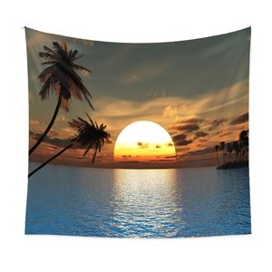 Détail du tissu en polyester avec impression vive de coucher de soleil sur plage tropicale
