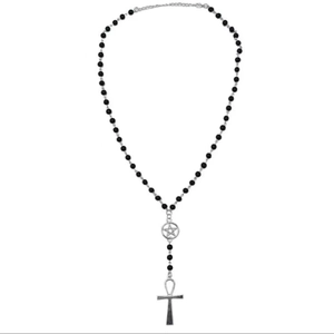 Gothic black beaded necklace with silver star pendant and Ankh cross on white background