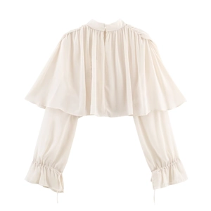Elegant ivory chiffon layered top with high neck and ruffled long sleeves on white backdrop