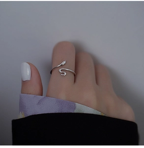 Nahaufnahme des minimalistischen Schlangenrings aus Silber mit polierter Oberfläche am Finger