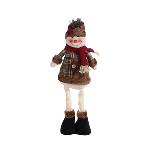 Retractable standing Christmas snowman plush doll in brown plaid with a red scarf