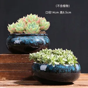 Close-up of dual-piece ceramic succulent pots with blue glaze finish, 14cm diameter