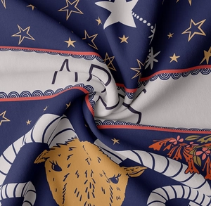 Macro shot of Aries zodiac tapestry showing fine woven texture and detailed constellation print