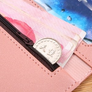 Pink trifold long wallet for women with zipper pocket and multiple card slots