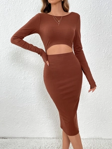 Vestido De Punto Acanalado Color Sólido Manga Larga Cuello Redondo Ajustado Bodycon Abertura Cintura Estilo Sexy Hot Girl Para Mujeres