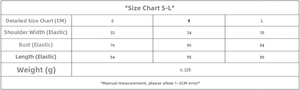 Size chart for women's slim stretch top, showing S to L measurements in centimeters