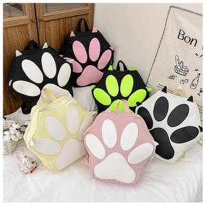 Various colorful cat paw backpack styles shown in a group display for students