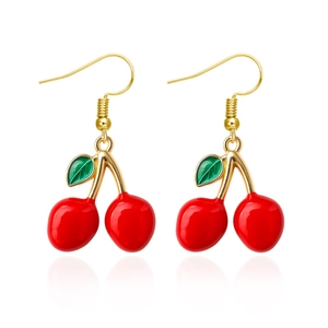 Festive cherry drop earrings with red fruit and green leaves on gold hooks
