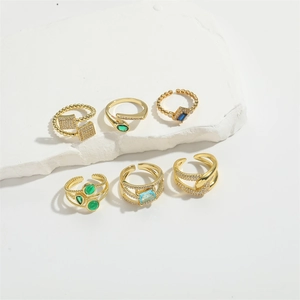 Detailed set of six 14K gold-plated adjustable rings with colorful zircon inlays