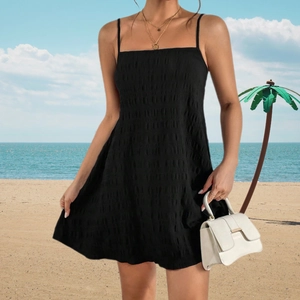 Women Backless Camisole Mini Dress Pleated Smocked Knit Slim Fit A-Line Sleeveless Summer Beach Elegant Solid Color