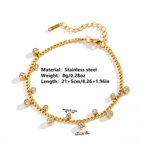 Minimalist gold stainless steel anklet with sparkling zircon charms for women