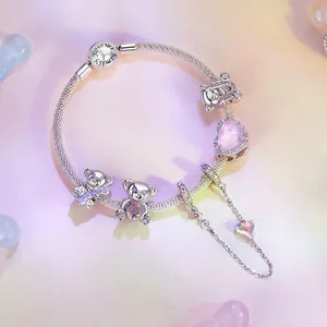 Pulsera de plata 925 con dijes de ositos, corazón rosa y cierre Forever Family